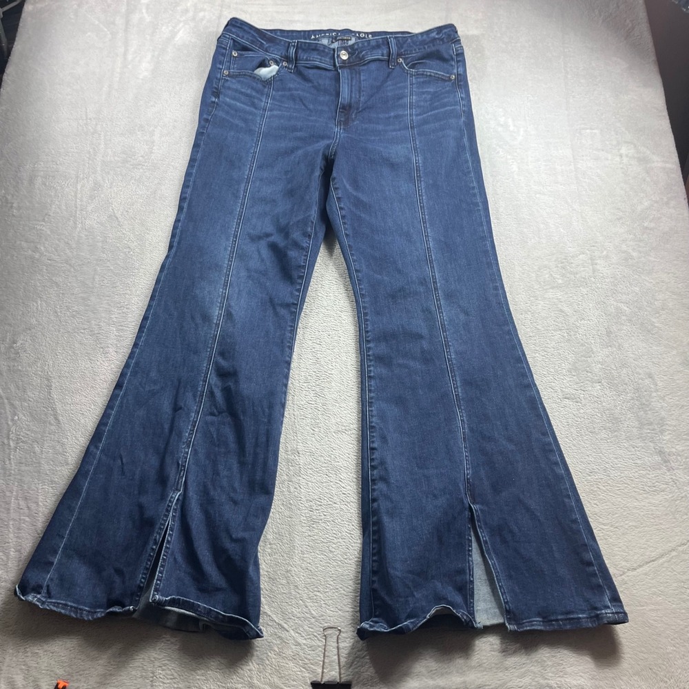 American Eagle Festival Flare Jeans Dark Wash Front Seam Slit Hem Sz 18 Regular